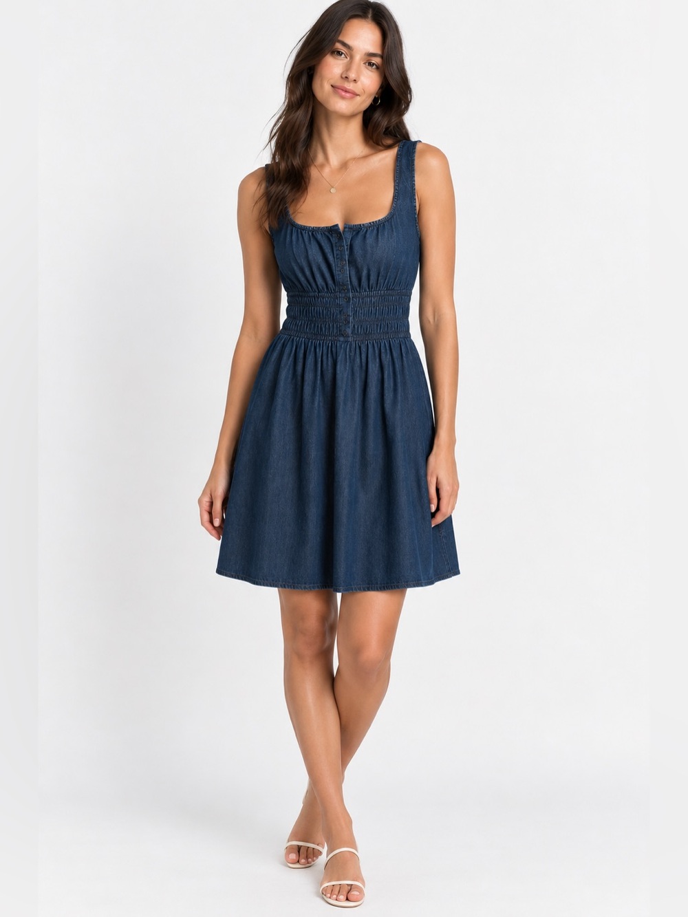 New Gap denim tie front smocked waist mini dress size L